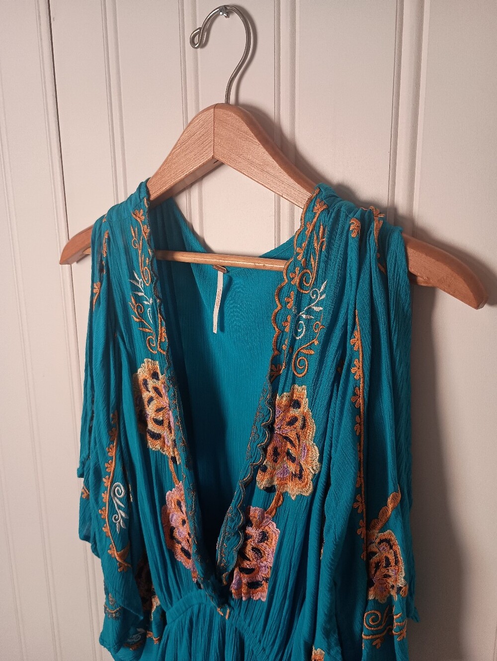 Free People- Teal Embroidered V-Neck Flutter Sleeve Mini Dress- Size S - Picture 3 of 9